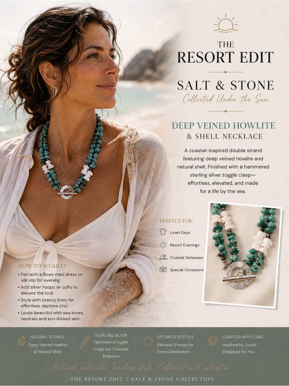 Salt & Stone Deep Veined Howlite & Shell Necklace - Teal and White